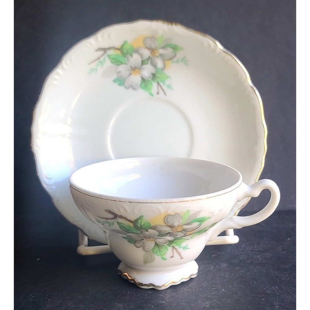 Vintage White Dogwood Floral China Tea Cup and Saucer Set Gold Trim Japan MCM‎